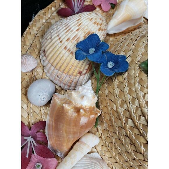 Vintage 14" Handmade Straw Hat Flowers Seashells Decor Grandma Cottagecore Beach - Picture 6 of 6